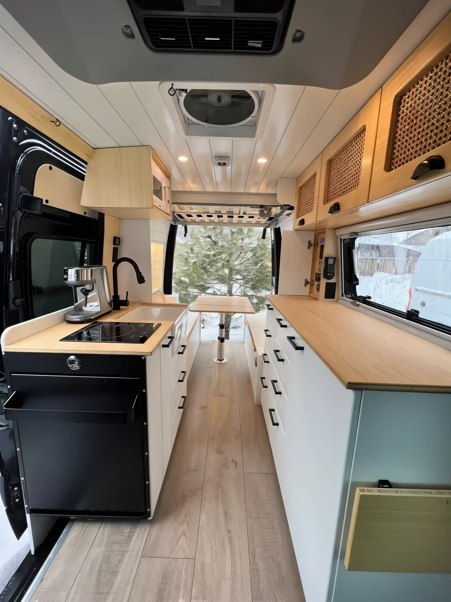 Cozy interior of a custom campervan