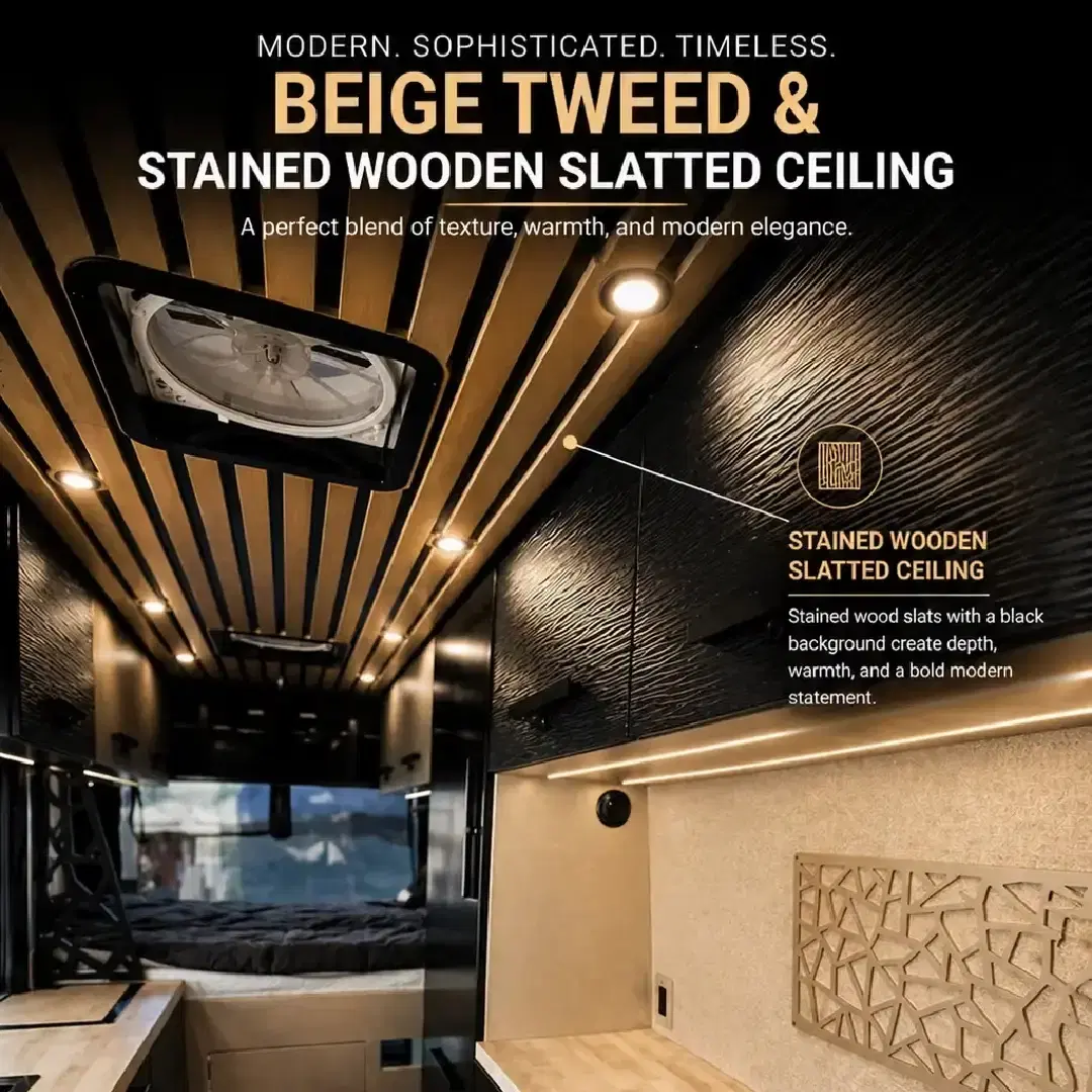 Beige Tweed with Stained Wooden Slatted Ceiling