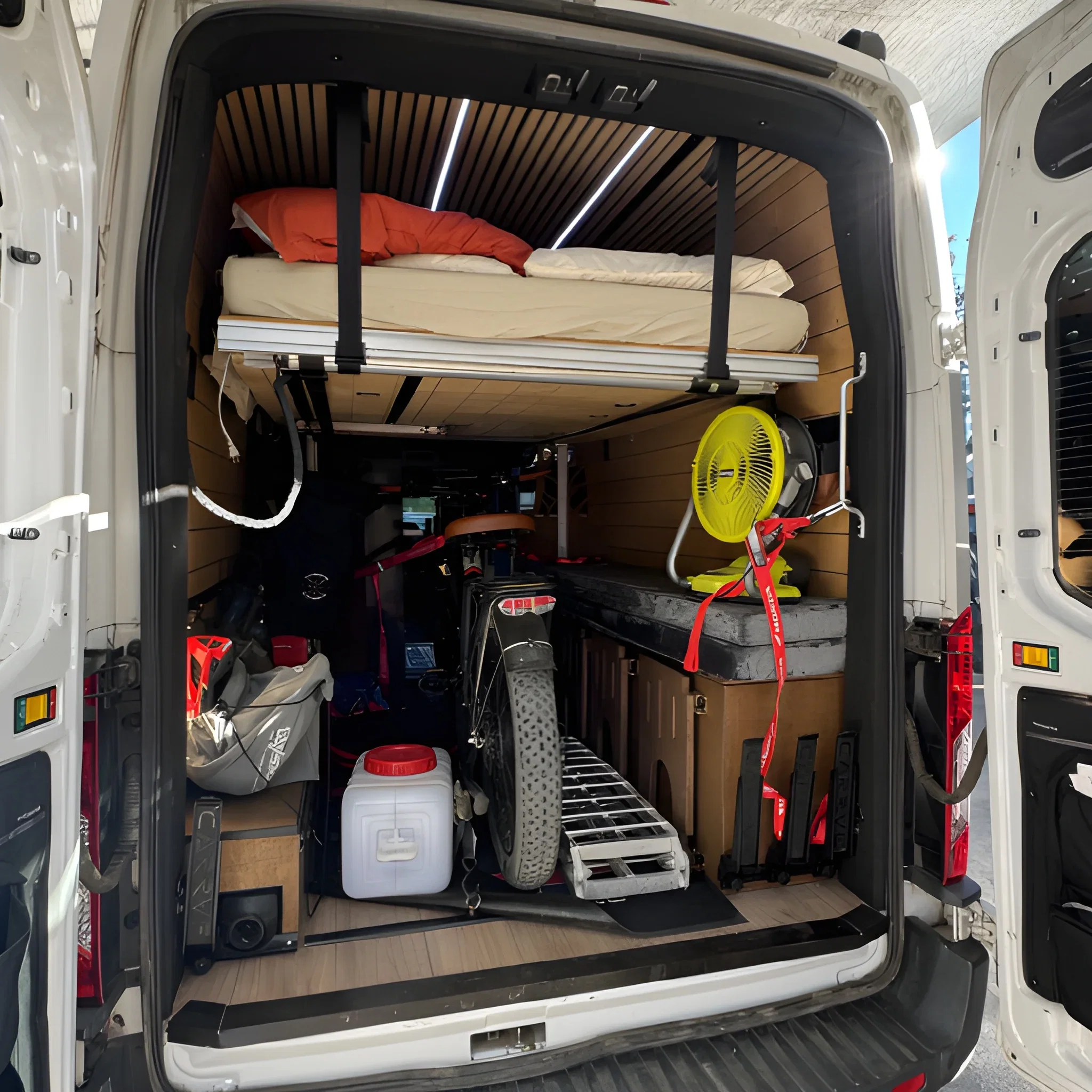 Moto Van 2 Glen Helen Edition with lift bed raised over the bike garage